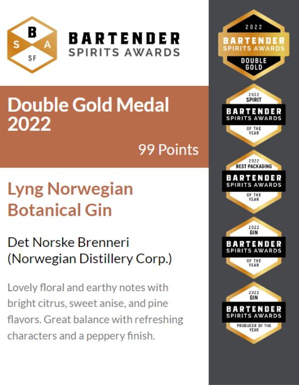 Double Gold Medal 2022 Lyng Norwegian Botanical Gin