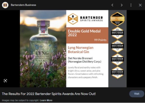Lyng Norwegian Botanical Gin Won Double Gold Medal 2022