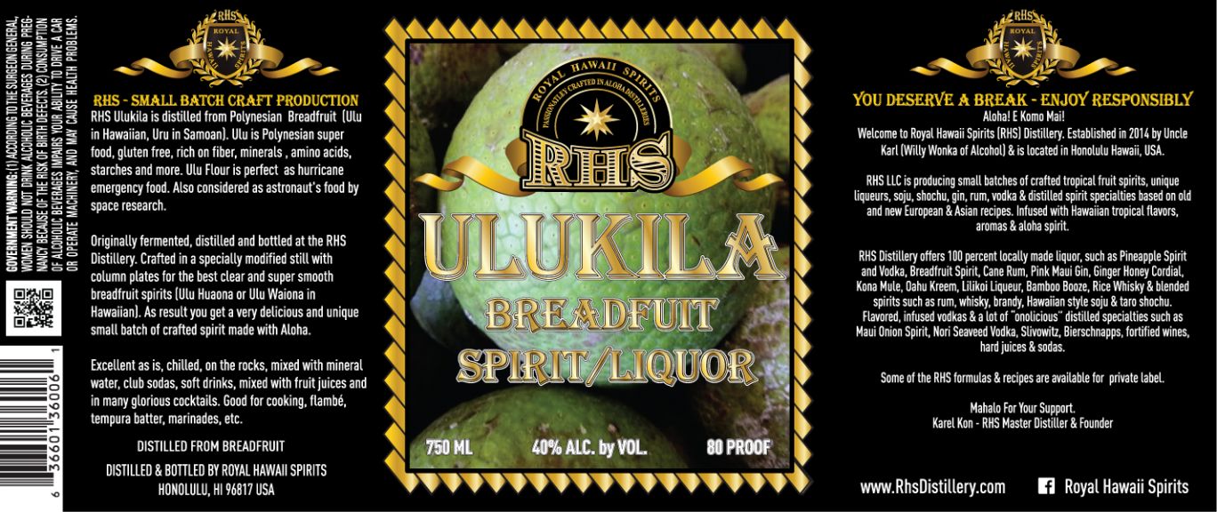 Photo for: RHS Royal Hawaii Spirits Distillery-Ulukila Breadfruit Spirit Liquor 